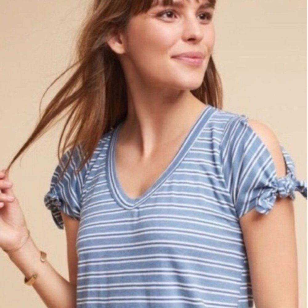 Anthropologie Left of Center Blue Stripe V-neck T-Shirt with Tie Sleeves size S
